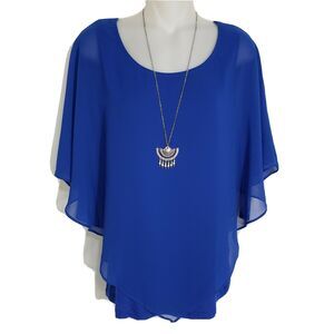 AGB Women Poncho Small Built In Tank Blouse Solid Cobalt Blue Necklace Stretch